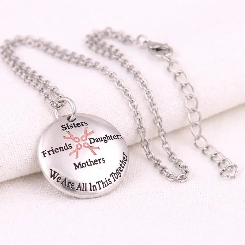 Breast Cancer Awareness Pink Ribbon Sisters Friends Daughters Mothers We Are In This Together Charms Snake Chain Necklace
