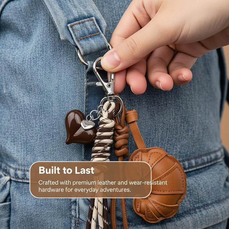 Niedlicher Croissant-Schlüsselanhänger aus PU-Leder mit geflochtenem Schlüsselband, süße Anhänger, perfekt als Taschenanhänger, Schlüsselzubehör, Geschenk. – Detail 1