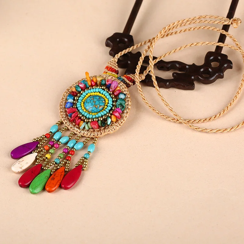 2022 New Ethnic Style Wax Thread Hand-woven Women\'s Sweater Chain Fashion Turquoise Gravel Hanging Spike Long Necklace Jewelry