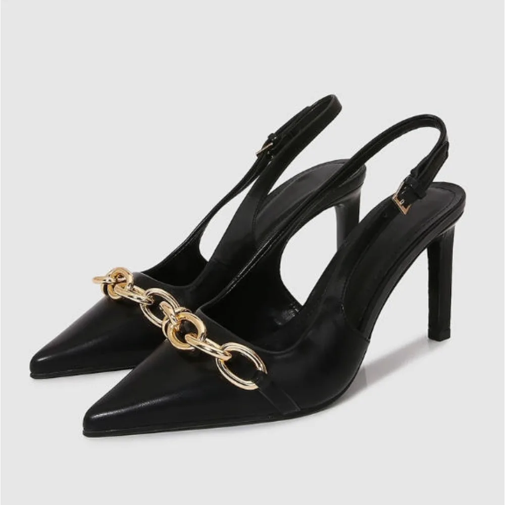 

Women's Black Leather High Heel Sandals Metal Chain Decorated Open Heel Goat Leather Pointed Toe Slim Heel Stylish and Elegant