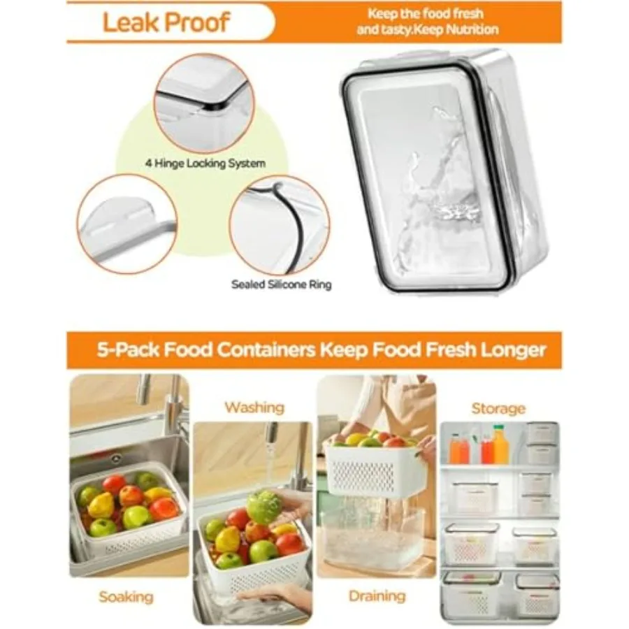 Organizer do domu, przezroczysty plastikowy pojemnik na żywność z koszem ociekowym, przenośny, oddychający, wielofunkcyjny pojemnik do przechowywania.
