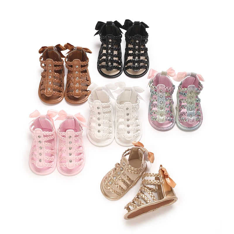 Baby Shoes Pre-walker Sandals 0-18 Months, Braided Rhinestone Bow, Soft Comfy for Boys & Girls, Multiple Colors