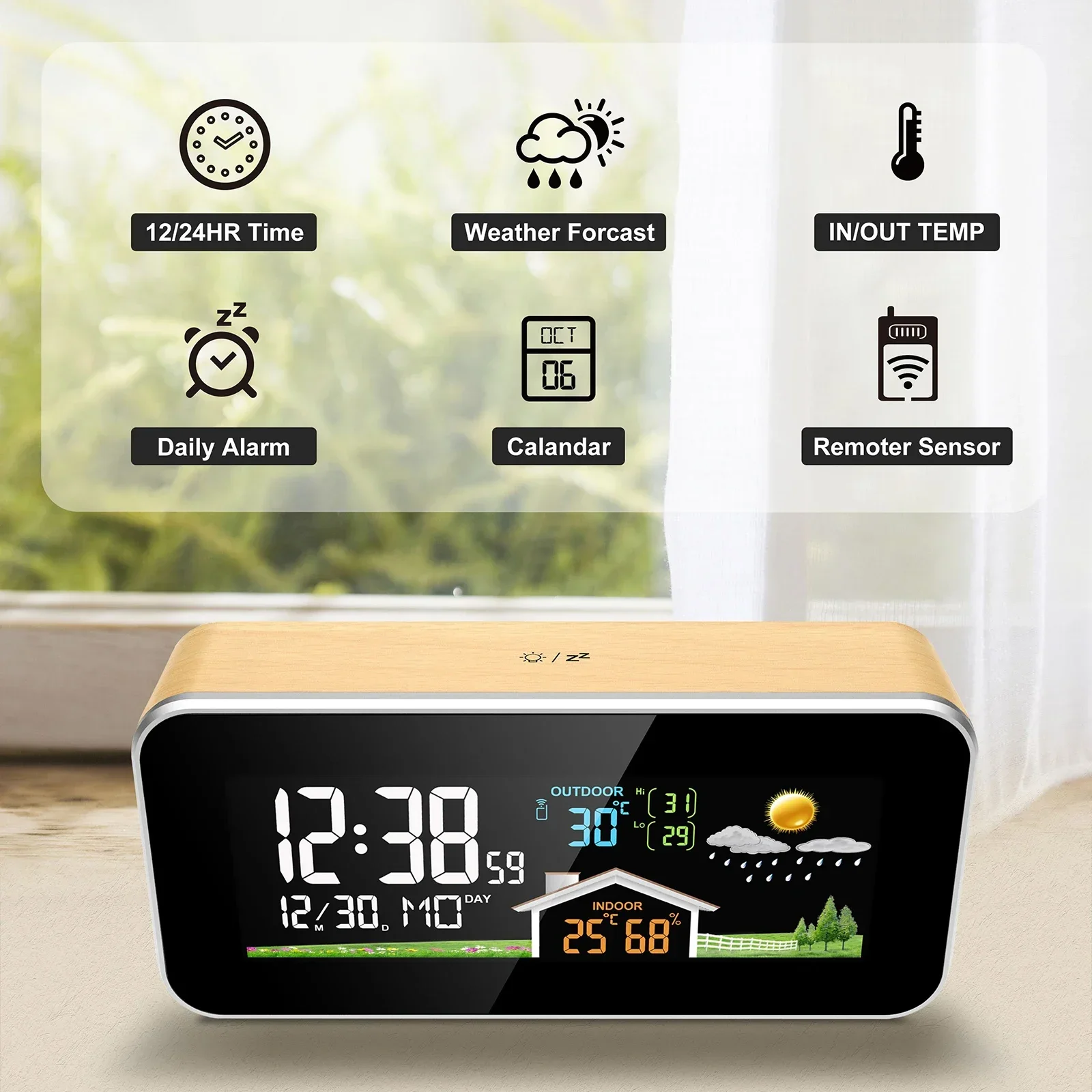 

Wireless Weather Station Wooden Alarm Clock, Indoor Hd Color Screen Display Temperature and Humidity Outdoor Thermometer Sensor