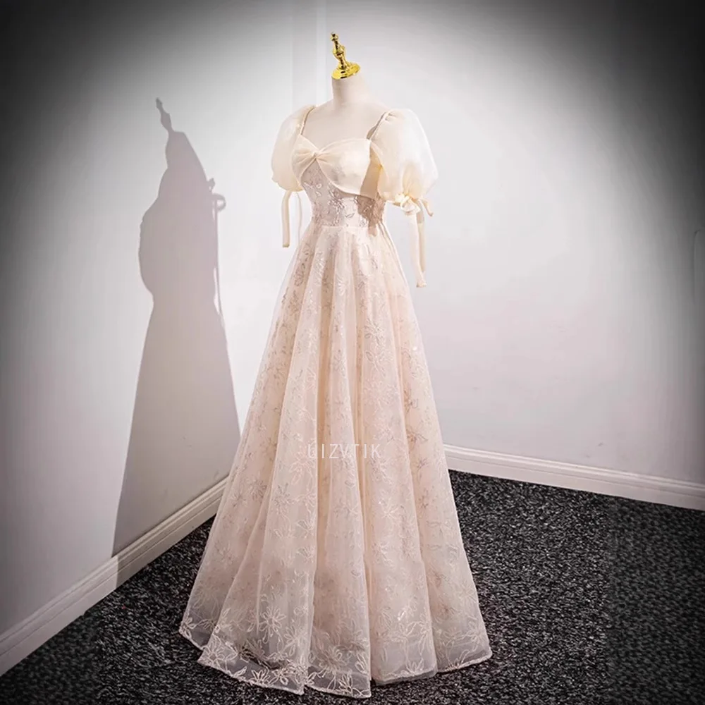 Champange Floral Prom Dresses Ball Gown Elegant Real Image Puff Sleeve Appliques Lace-up Formal Dress Simple Korea Wedding Dress