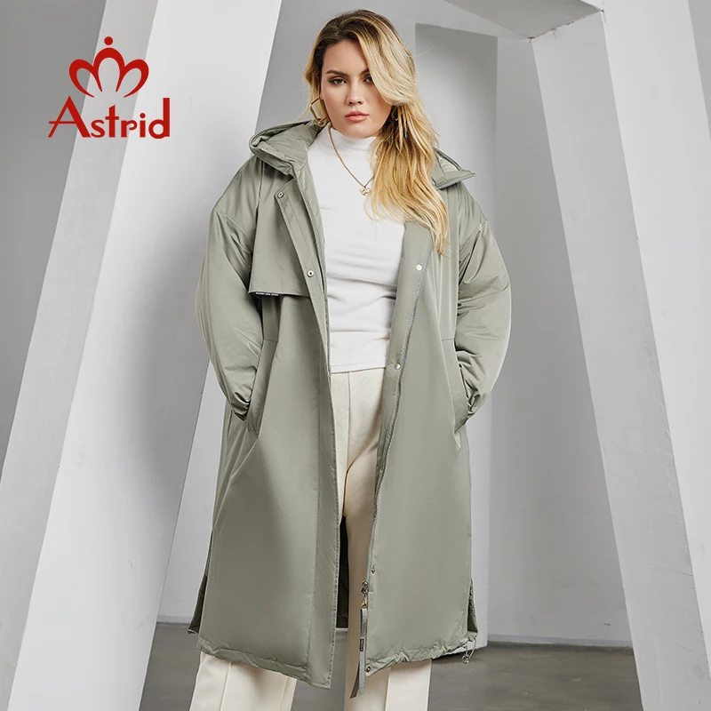 Astrid Autumn Winter Women's Jacket Long Thin Cotton Trench Coat Hood Split Hem Warm Loose Padded Parka Plus Size Women Clothing