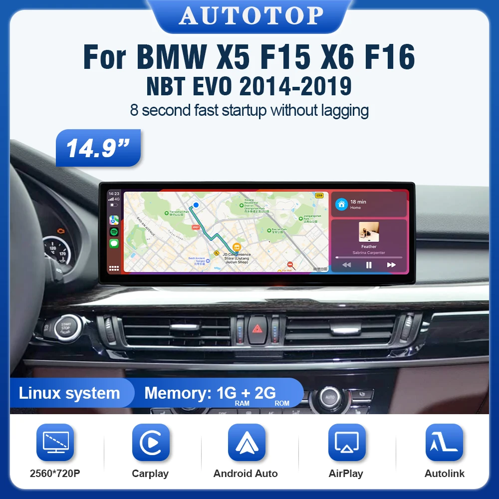 AUTOTOP 14.9 pollici 2560*720P Schermo multimediale per auto per BMW X5 F15 F85 X6 F16 F86 NBT EVO Wireless Carplay Android-auto BT Wifi