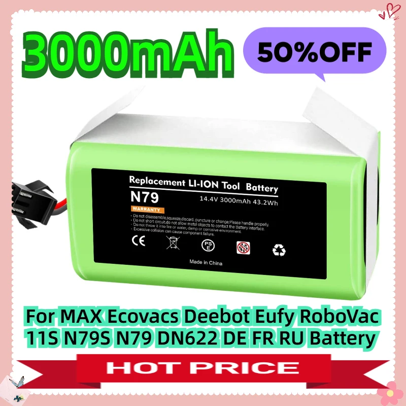 

3000mAh 14.4V For MAX Ecovacs Deebot Eufy RoboVac 11S N79S N79 DN622 DE FR RU Battery