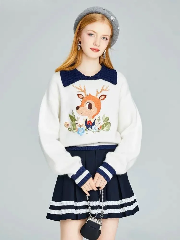 New Deer Embroidery Knit Sweater Top Women Spring Long Sleeve Stylish Fashion Chic Ladies Elegant Pullover Jumpers Knitwear 2025