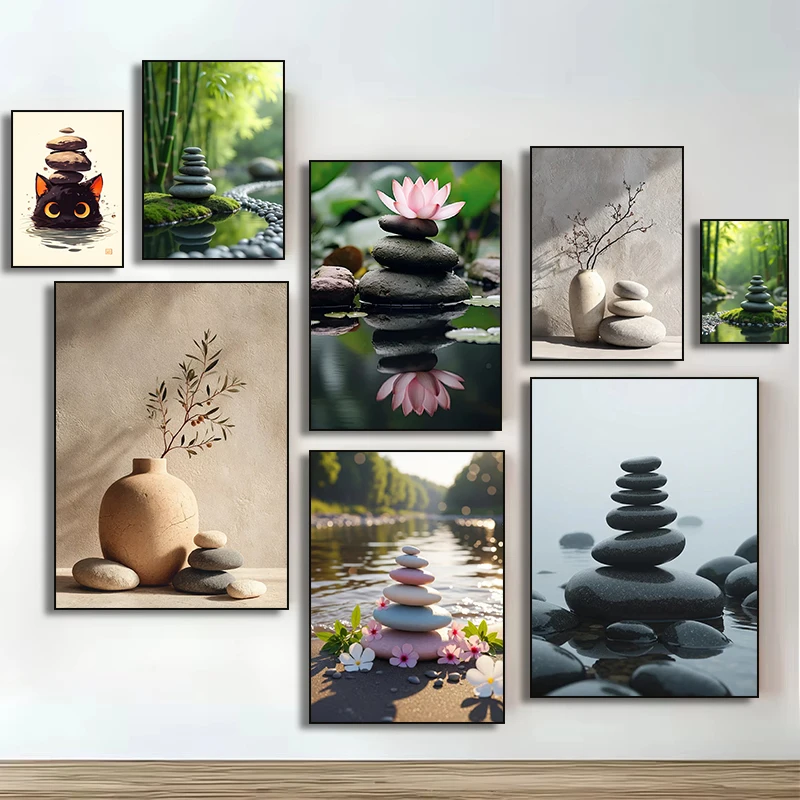 Green Bamboo Zen Stone  Still Life with Olive Branch Canvas Painting Poster Print Wall Art Bathroom Home Decor Cuadros