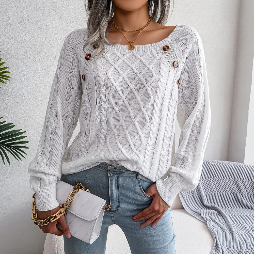 

Women's Sweater Square Neck Long Sleeve Loose Autumn Button Decoration Casual Pullover Sweater Tops Women's Clothing