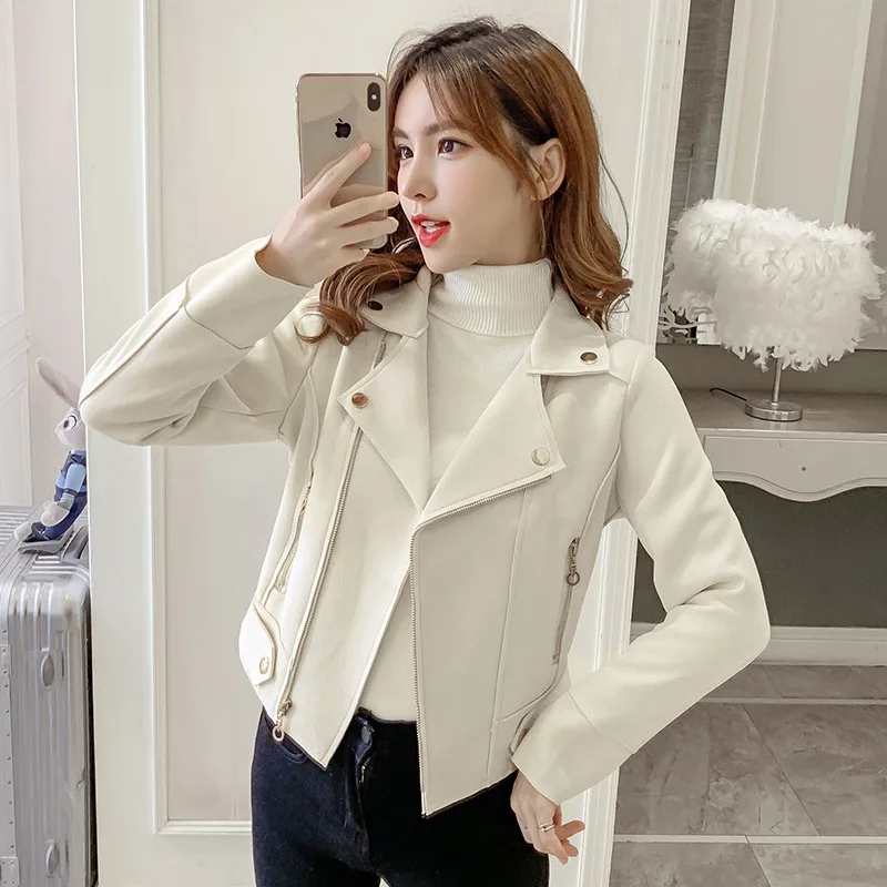 

2022 New Spring Autumn Suede Short Jacket Female Fashion Slim All-Match Student Motorcycle Jacket Women's Leisure Tops