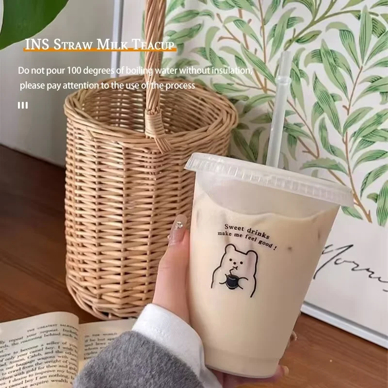 Large Capacity Plastic Straw Cup Portable Coffee Milk Tea Beverage Cartoon Bear Drinking Tool Coffee Plastic Cup