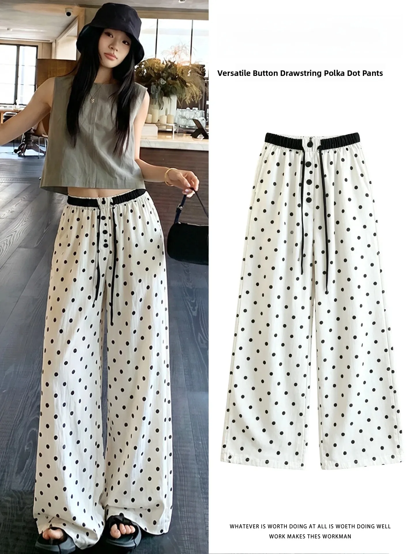 Summer 2026 Women's Loose Slimming Casual Wide Leg Pants Tie Rope Polka Dot Straight Leg  Pants Linen Color Button Detail