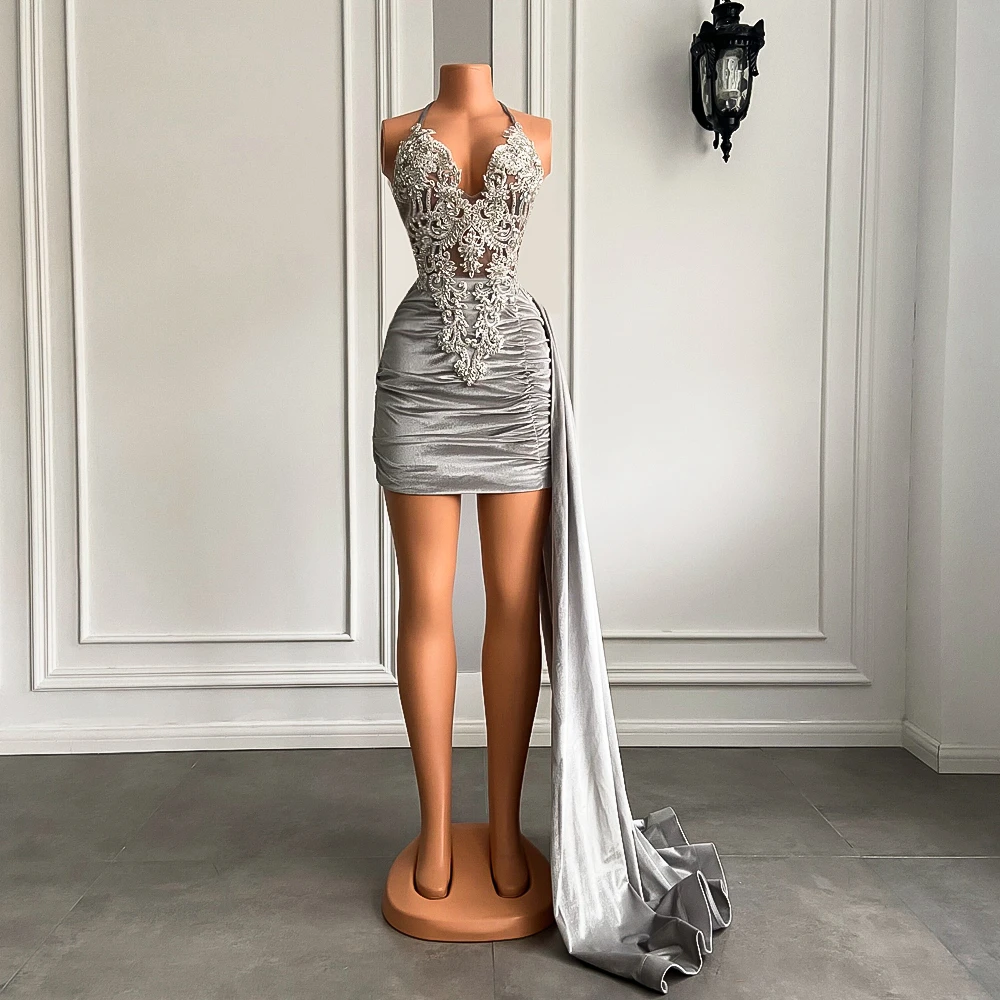 New Arrival V-neck Sheer Beaded Embroidery Women Birthday Party Gowns Silver Velvet Sequined Black Girls Short Prom Dresses 2025 image 2