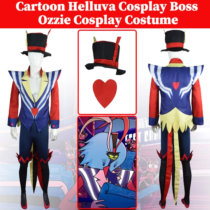 Ozzie Cosplay Men Costume Cartoon Helluva Role Boss Outfits Male Disguise Hat Headgear Set Clothing Halloween Fantasy Party Suit