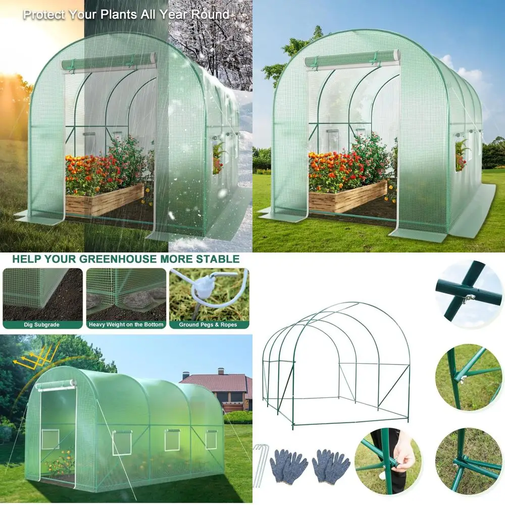 

Теплица-туннель усиленная 10x7x7 футов с металлическим каркасом и раздвижной дверью на молнии для зимнего садоводства на открытом воздухе