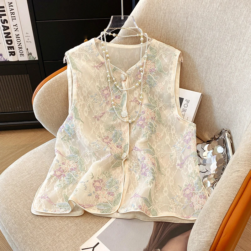 

Новый китайский национальный тренд, жилет с вышивкой, тонкая верхняя одежда Fem, многослойный наплечник, смесь хлопка и полиэстера