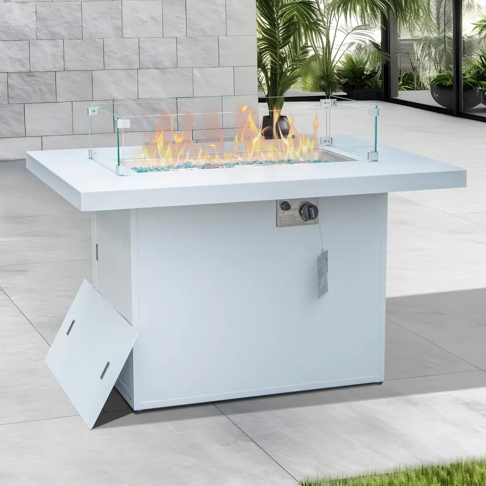 

Rectangular Outdoor Propane Fire Pit Table with Wind Guard, 60,000 BTU, and Glass Stone Cover