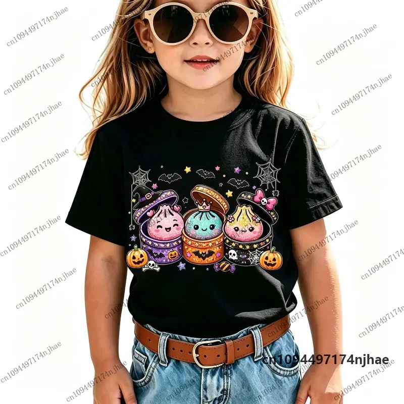 2026 Halloween Spider Web Bat And Little Cage Witch Hat Cartoon Pattern T-Shirt For Children Casual Girls Clothes Kids/Adult Top
