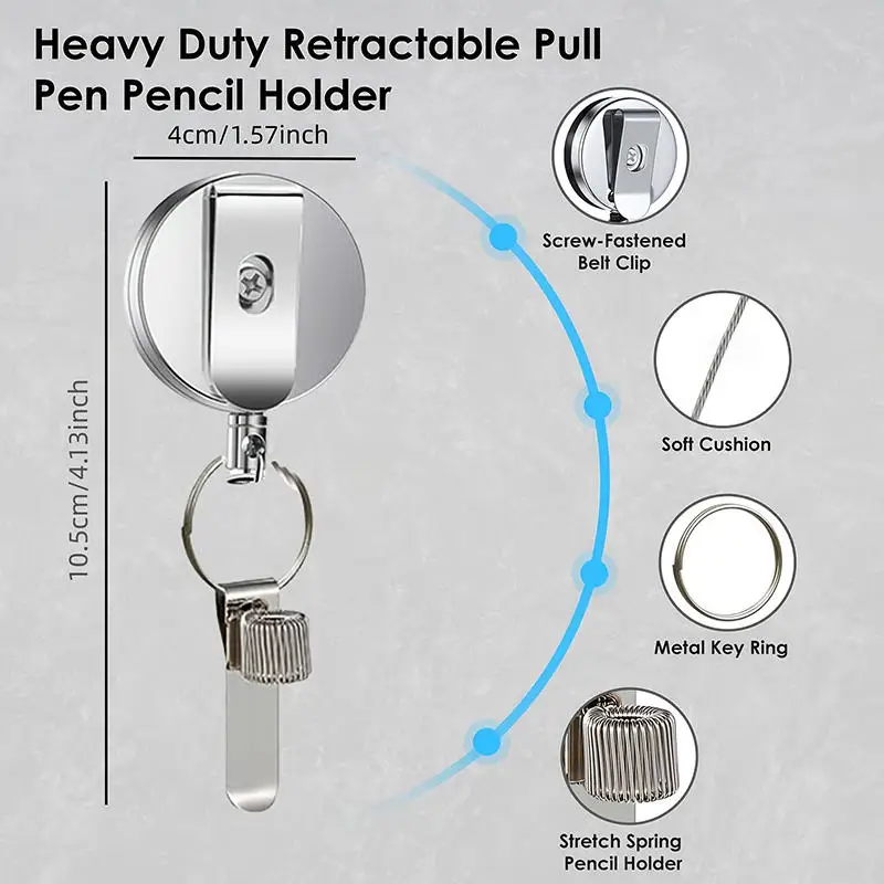 Picture 4: Universal Retractable Pull Pen Pencil Holder With Belt Clip And Key Ring - Durable Lanyard For Carpenters Workers Nurses Waiter