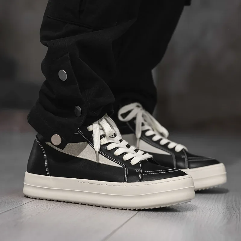 

American Style Men Leather Casual Shoes Fashion Thick-soled High Top Flat Skate Shoes Young Man Trend Lace-up Sneaker