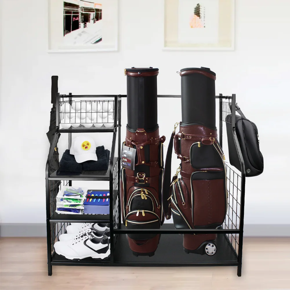 Rack organizador de garagem para armazenamento de saco de golfe, adequado para 2 bolsas esportivas e outros acessórios de golfe, suporte para equipamentos de golfe, design grande