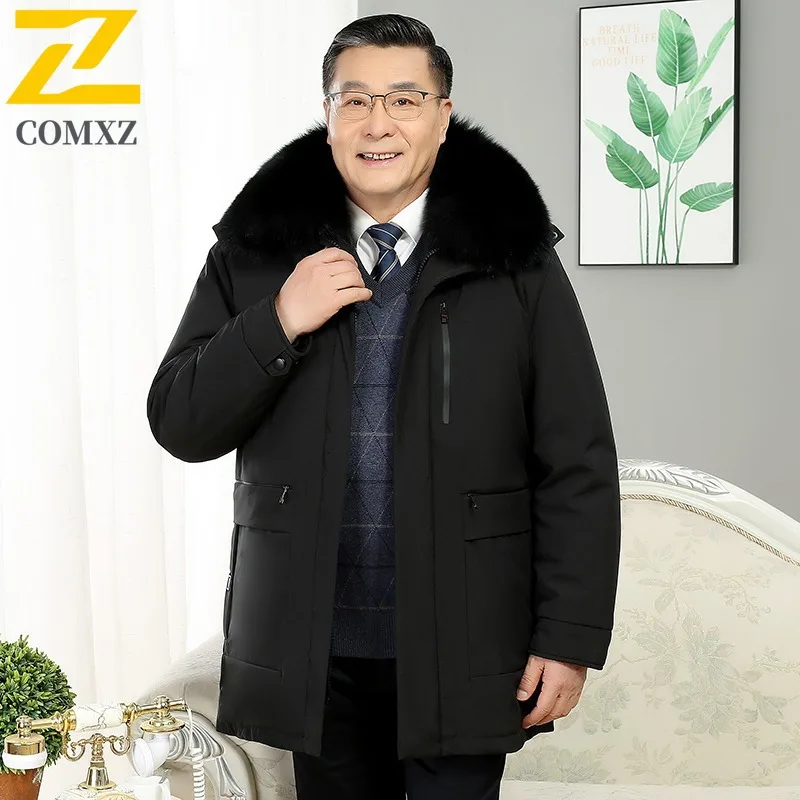 COMXZ Premium Men Down Jacket Fur Collar Hooded Commute Office Thickened Warm Parka Solid Color Travel Windproof Winter Coat