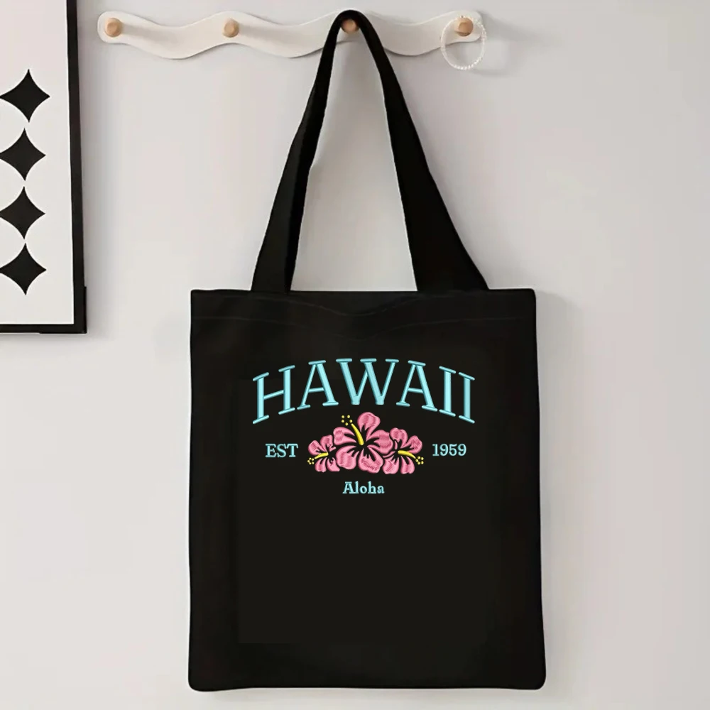 Retro Hawaii 1959 Canvas Tote Bag Vintage Pink Hibiscus Floral School Bookbags Aloha State Summer Vacation Gift For Women