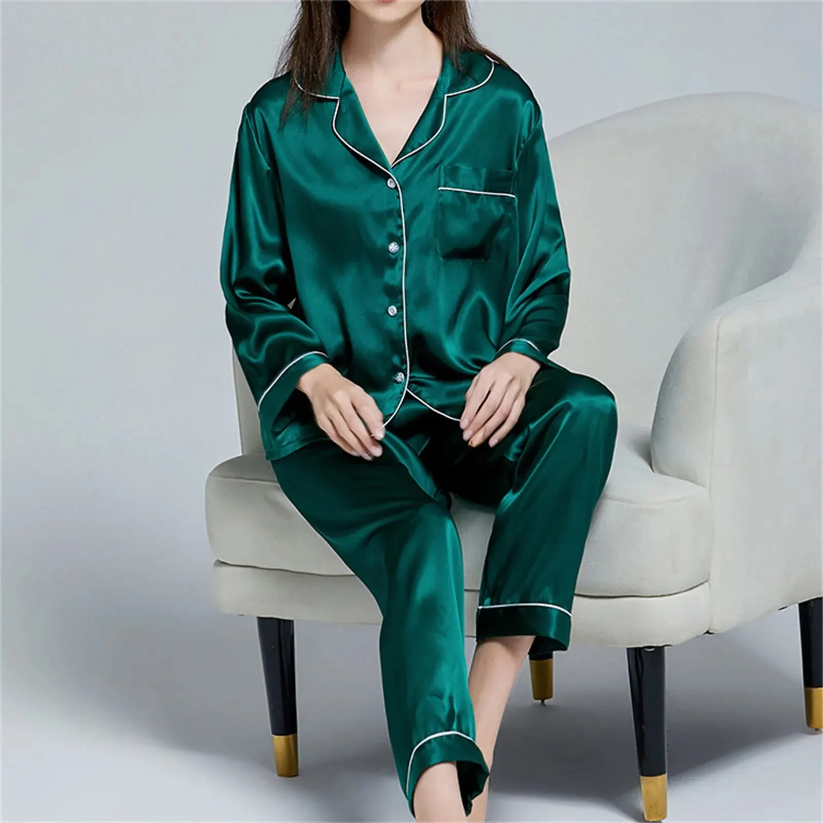 Sleepwear Womens Silky Satin Pajamas Set Long Sleeve Nightwear Loungewear