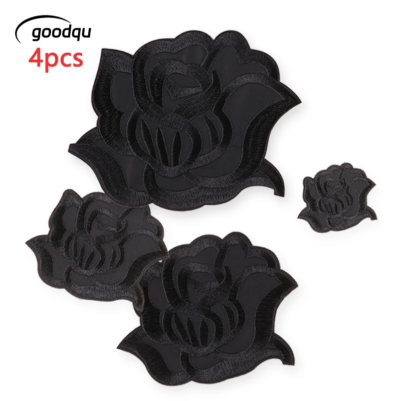 4 Stück schwarze Rosen-Blumen-Aufnäher zum Aufbügeln für Kleidung, bestickte Jacken, DIY-Set, niedliche Kinder-Aufnäher, Aufkleber für Mädchen, thermoadhäsiv – Detail 1