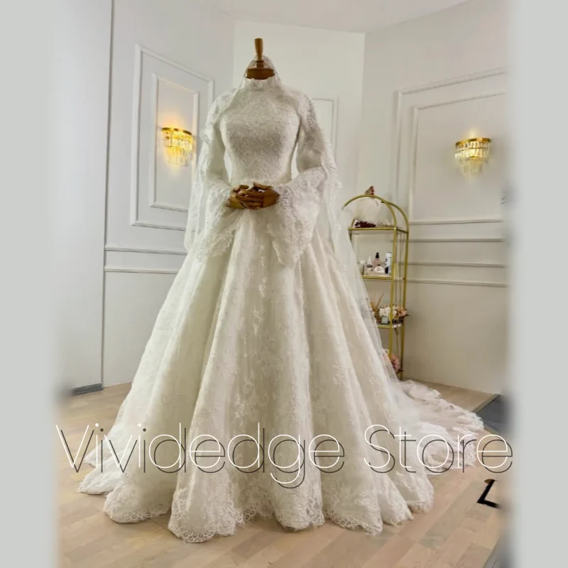 Weißes muslimisches Spitzen-Hochzeitskleid mit Stehkragen, ausgestellte lange Ärmel, Spitzenapplikationen, A-Linie am Saum, Brautkleider, maßgeschneidertes Vestido de Novia