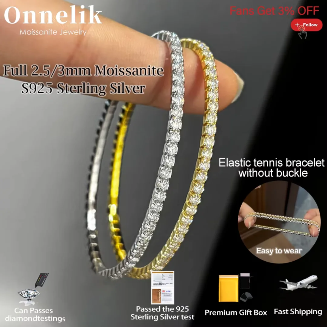 

Onnelik Full D VVS1 2/3mm Moissanite Elastic Tennis Bracelet without Buckle for Women S925 Sterling Silver Fine Jewelry Gifts