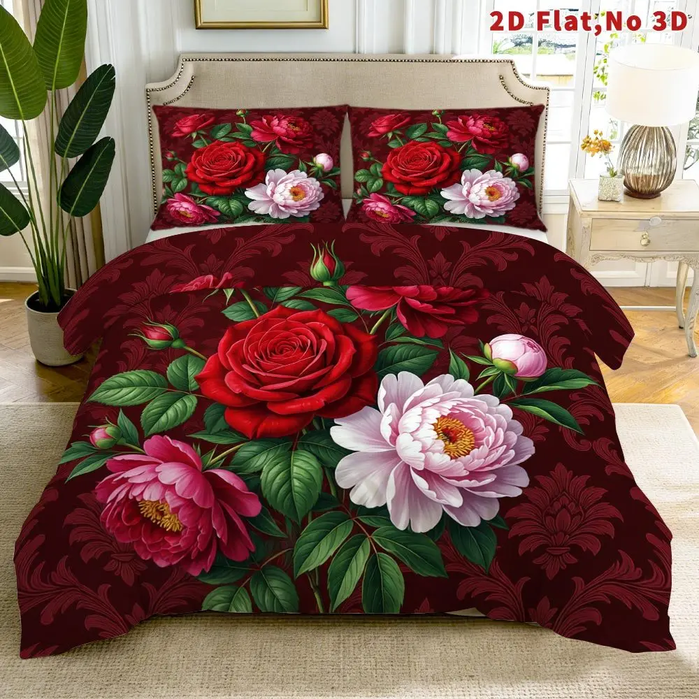 Red Floral Duvet Cover Full King Size Romantic Flower Comforter Cover Valentine's Day Bedding Set Botanical Design Quilt Cover