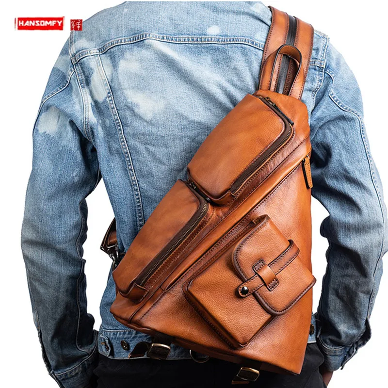 

Genuine Leather Men's Backpacks Triangle Chest Bag Retro Men Shoulder Slung Bag Vintage Large Capacity Soft Casual Travel Bags