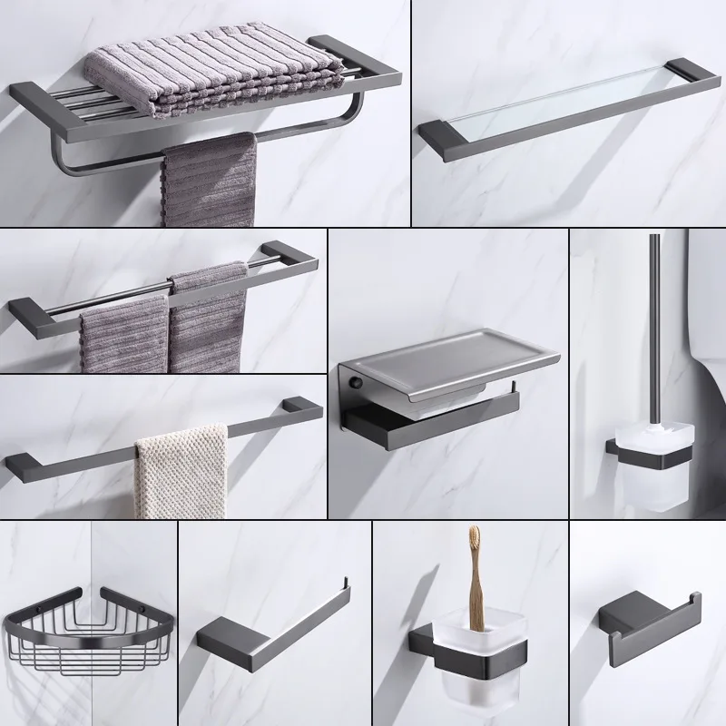Gun Gray 304 Stainless Steel Towel and Towel Rack Storage Bathroom Hardware Accessory Set