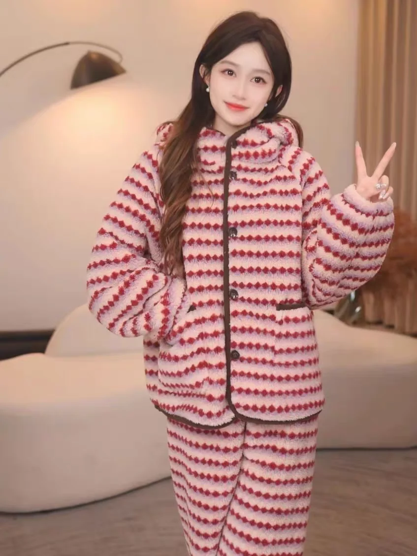 

Thickened Fleece Women's Sleepwear Coral Velvet Home Clothes Set with Hat Winter New Style Warm Loose Long Pants Two-Piece Set