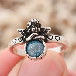 Original Jewelry Creative Cupid Angel Design Blue Stone Retro Thai Silver Lady Engagement Ring For Women Propose Gift No Fade