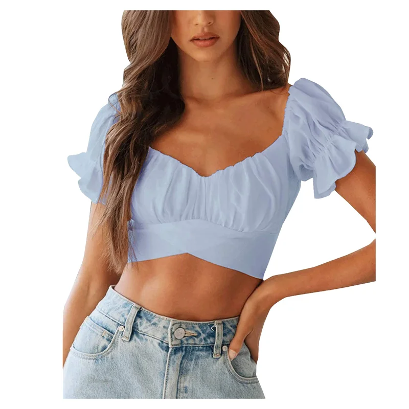 

Back Ruffle Tie Up Shirt Off The Shoulder Blouses Femme Summer Crop Top Women Short Puff Sleeve Blouses Square Collar Crop Top