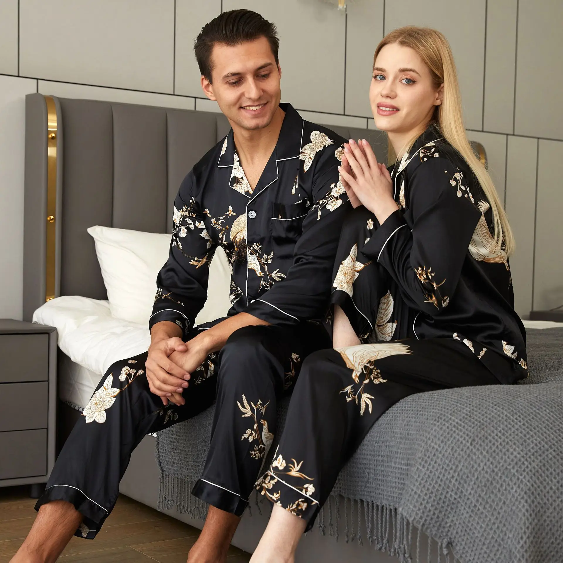 New Satin Pajamas Set Couple Sleepwear Bird Flower Print Shirt&pants 2Pcs Loungewear Trousers Set Women Long Sleeve Pyjamas