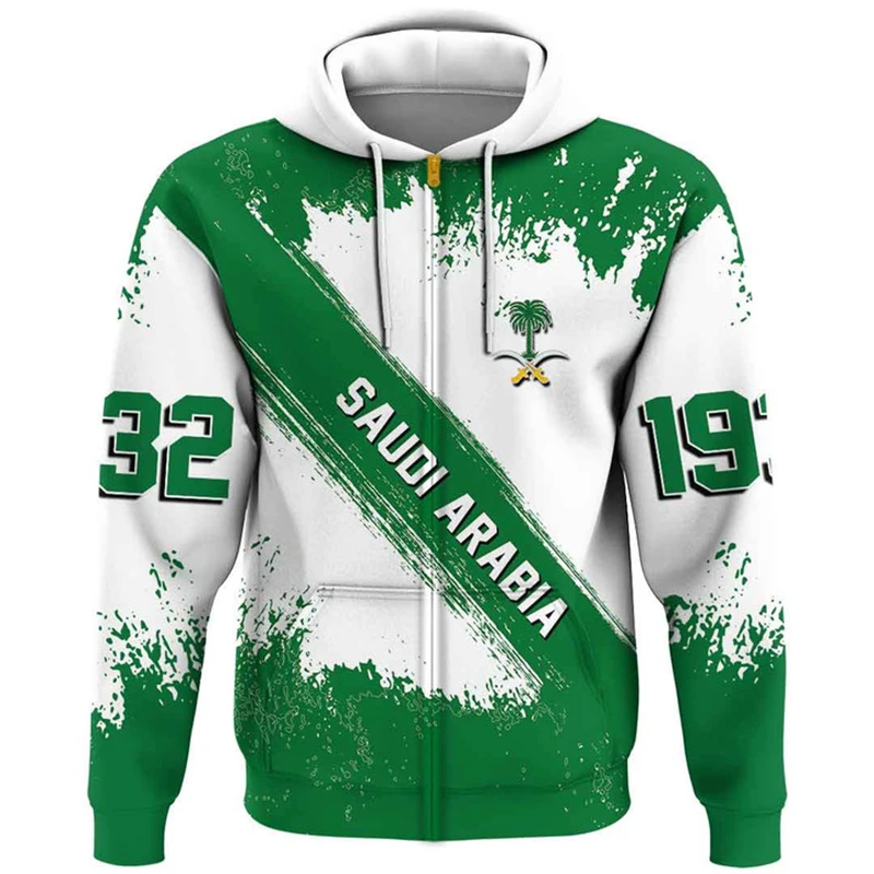 Saudi Arabia Flag Map Graphic Hooded Sweatshirts SA National Emblem Zip Up Hoodie For Men Clothes Casual Male Sports Pullovers