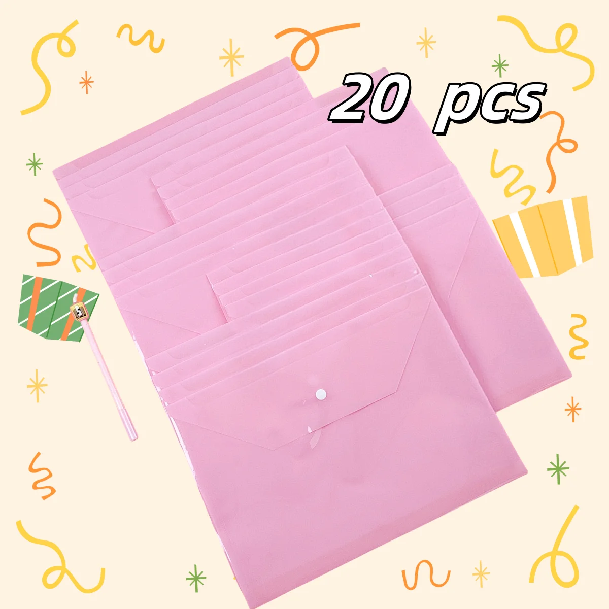 20 Pieces A4 File Bags with Gradient Transparent Snap Buttons, Thickeneded Large-Capacity Test Paper Storage Bags, Information Bags, Button Bags, File Bags