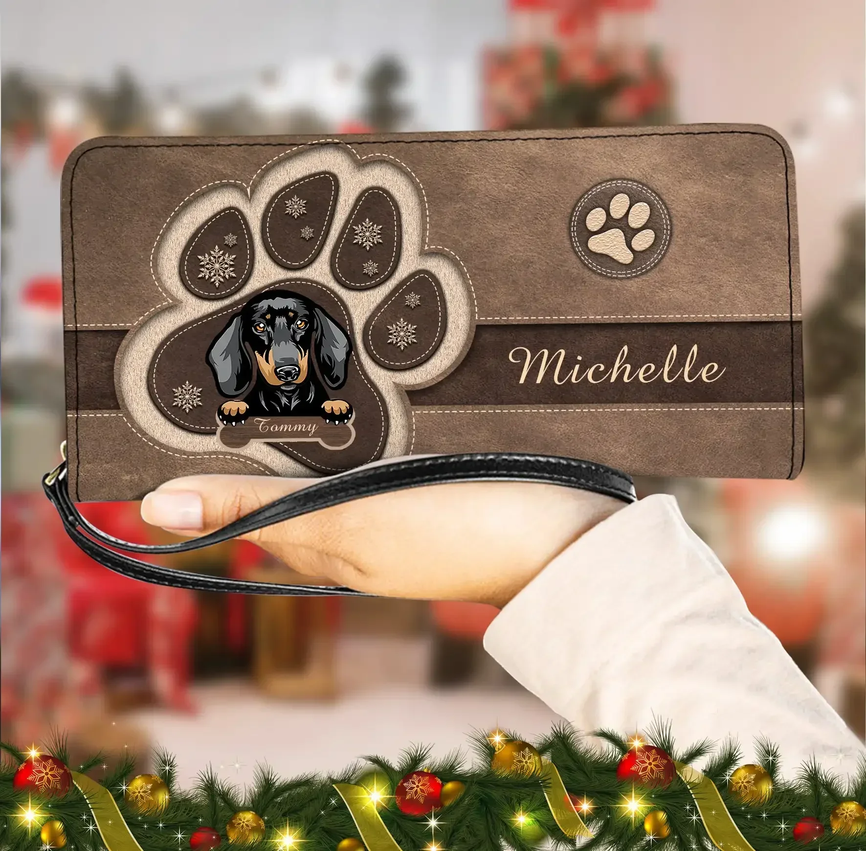 Christmas Dog Paw Print Clutch With Long Strap Customized Dog Breed Card Holders for Women Pu Leather Money Purse Multifunction