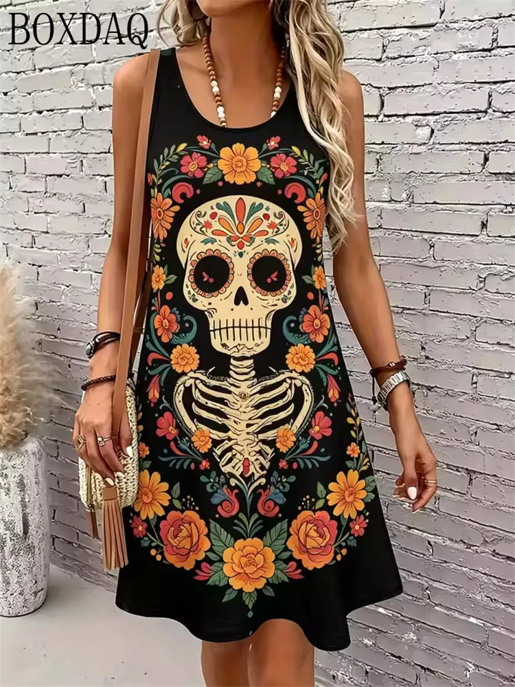 Skeleton Print Fashion Casual A-Line Mini Women's Dress Summer Round Neck Sleeveless Loose Women's Vest Party Dress 2026