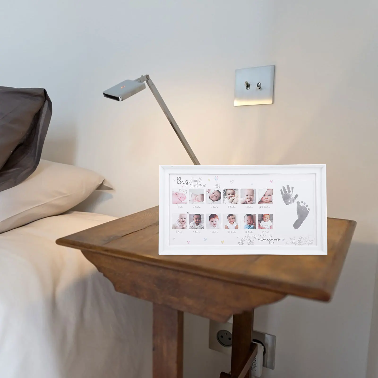 12개월 아기 성장 사진 액자, 첫해 유아 기념 사진 전시, 손발자국 액자