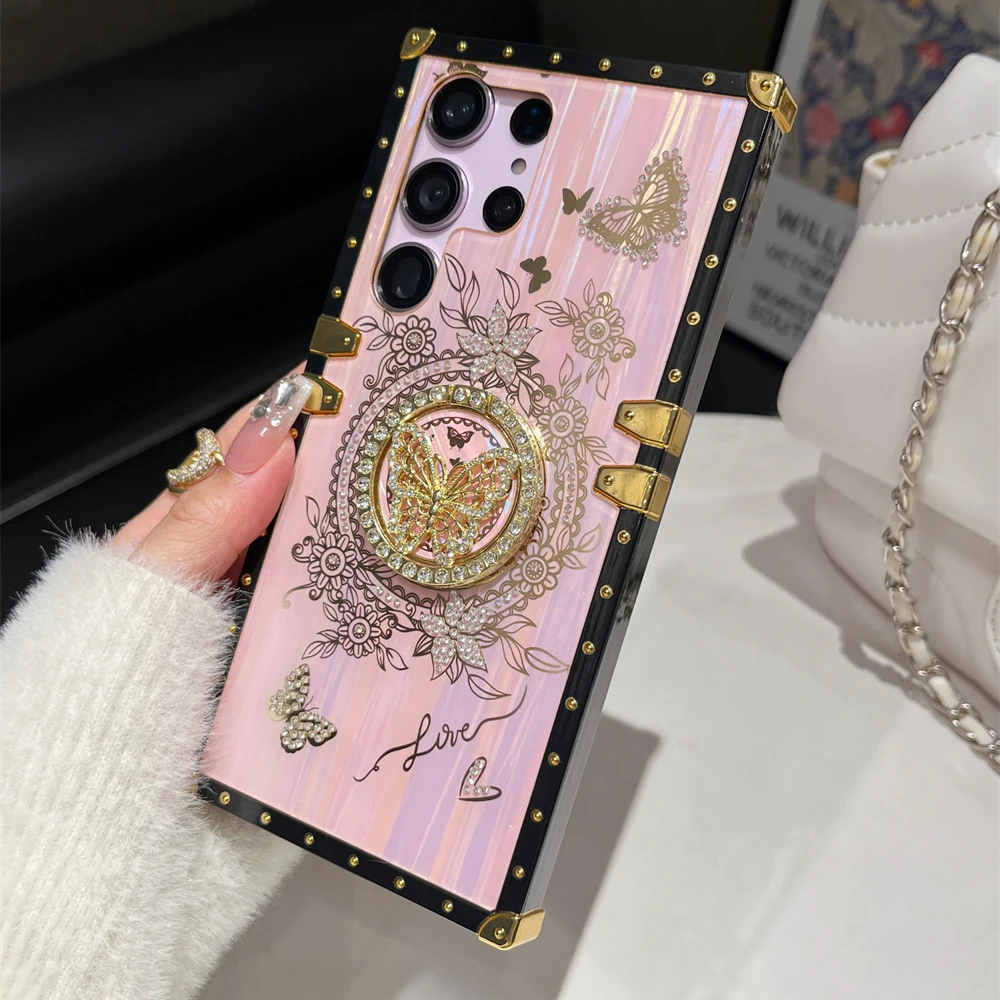 Glitter Butterfly Stand Holder Aurora Box Phone Case For Samsung S25 S24 S23 Ultra S21 S22 Plus Finger Ring Fold Bracket Cover image 5