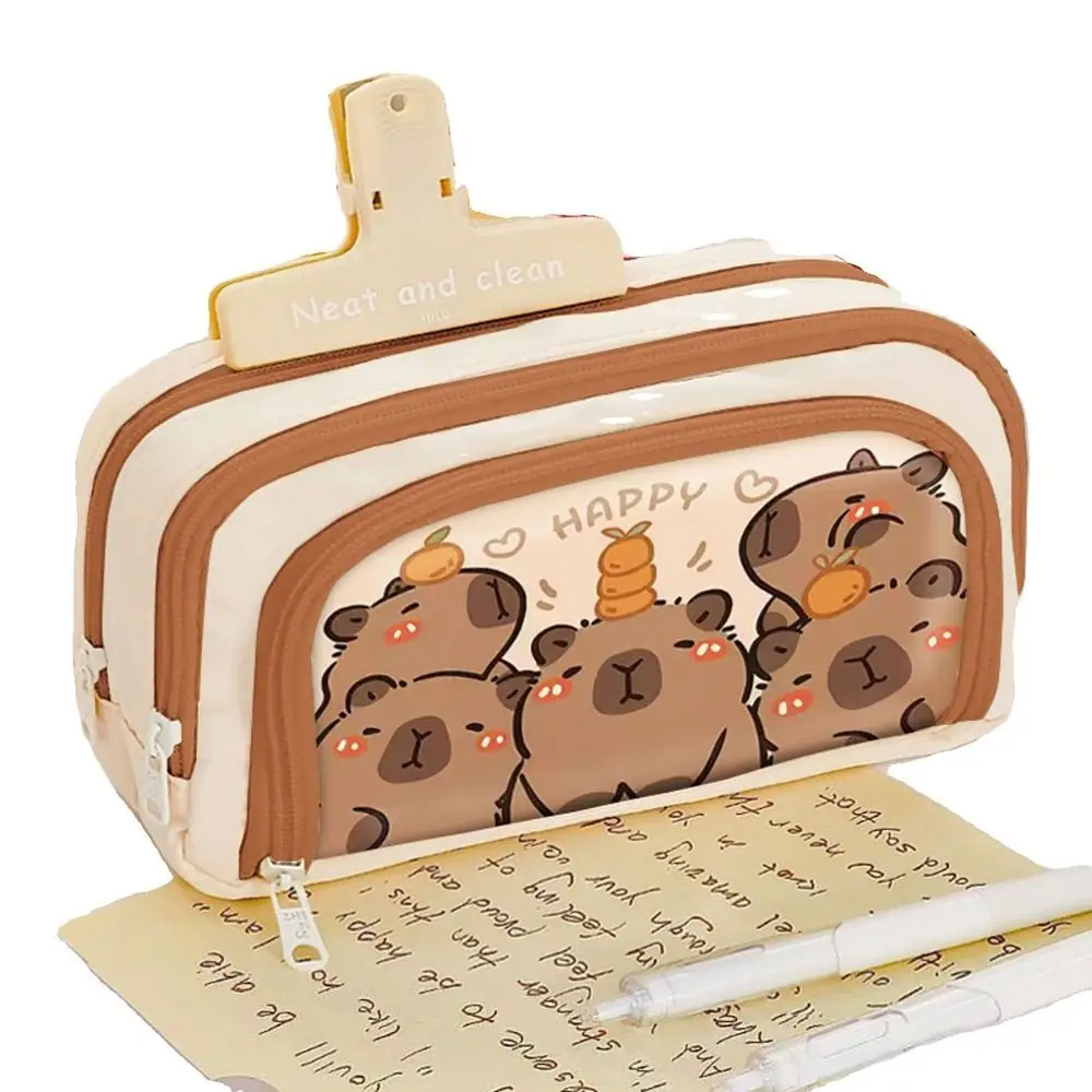 

High Quality Capybara Pen Bag Large Capacity Three Layers Pencil Case Cartoon Multi-functional Stationery Storage Pouch Student