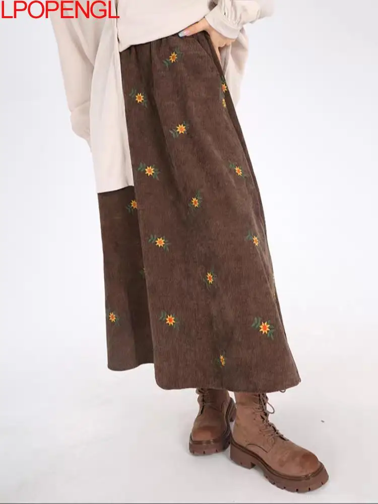 Fashion 2025 Retro Corduroy Embroidered Skirt Women's Autumn And Winter Thick Umbrella High Waist A-line Flower Bud Long Skirt