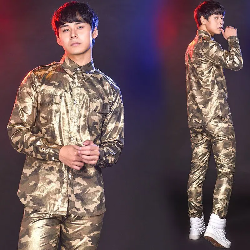 

New Male Stage Performance Costumes Camouflage Shirts Pants Sets Men Singer Bar Nightclub Dj Performance Shirts Coats