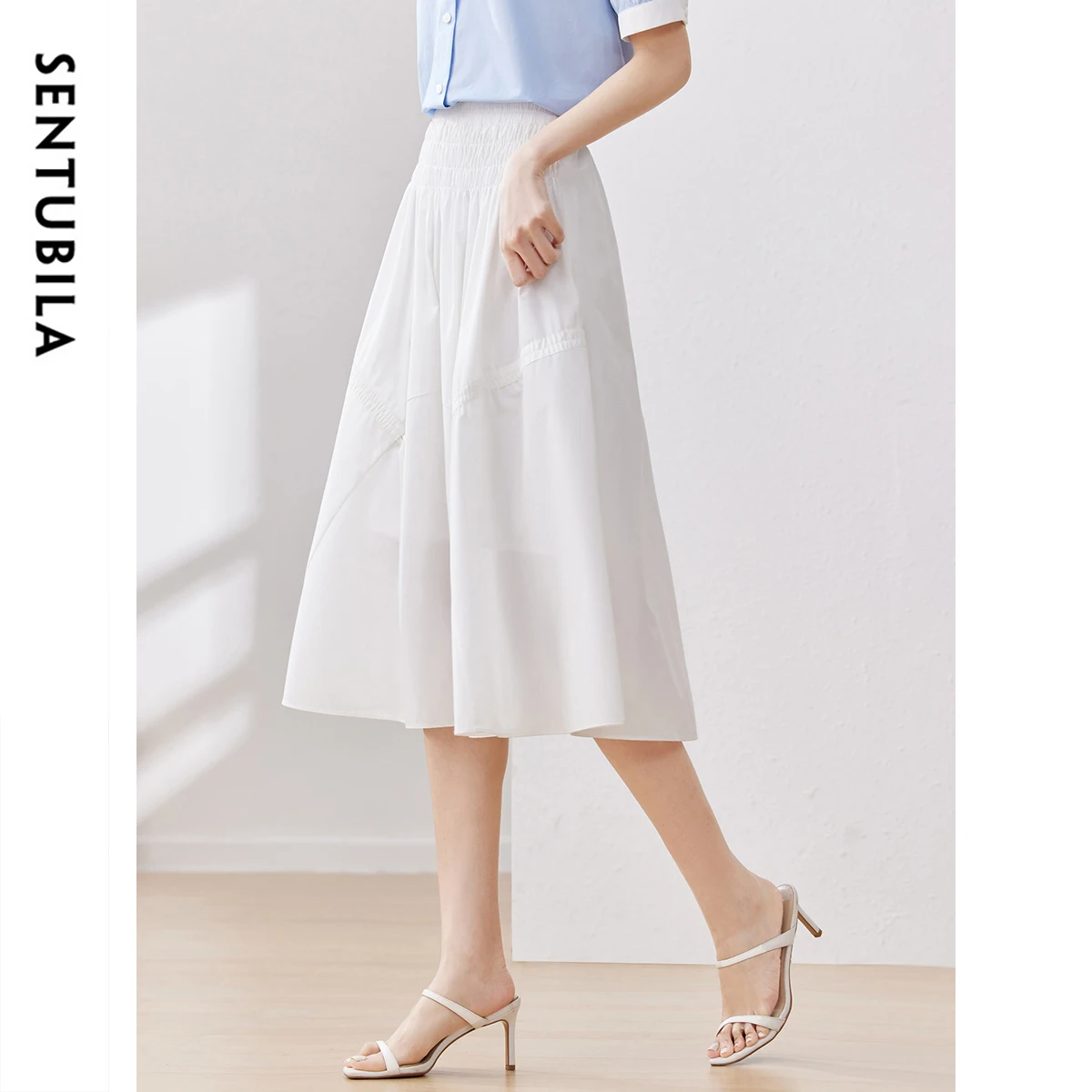 Sentubila White Elegant Skirt Women's Autumn New High Waist A-line Umbrella Shirring Solid Elastic Waist Skirt Casual 132Q48743