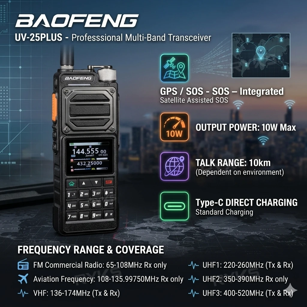 

2025 New Baofeng UV-25 Pro Walkie Talkie GPS 10W Man Down Alarm USB-C VHF UHF Wireless Copy Frequency AM Updated UV-25 Ham Radio